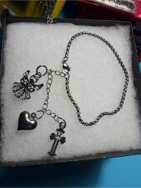 Silver Stainless Steel Charm Bracelet with Angel, Heart & Cross